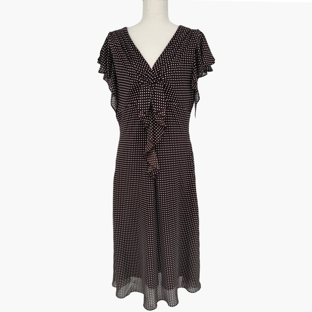 Vintage Y2K JBS Brown Polka‎ Dot Midi Dress Sz 14 Sheer Flutter Sleeve Feminine